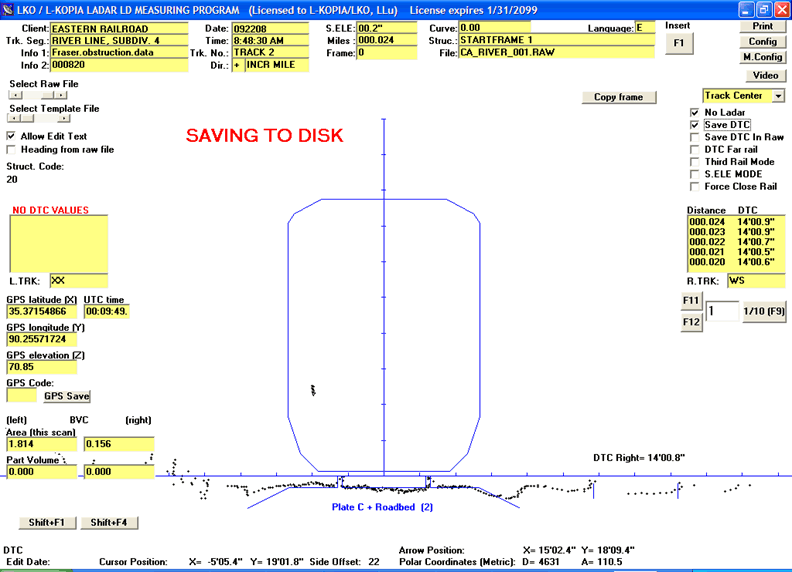 In Track Center Mode center line to center line distances are continues saved with mile/km information (see yellow window to the right in picture). We can measure two (2) adjacent track simultaneously. GPS and Ballast data can be included.